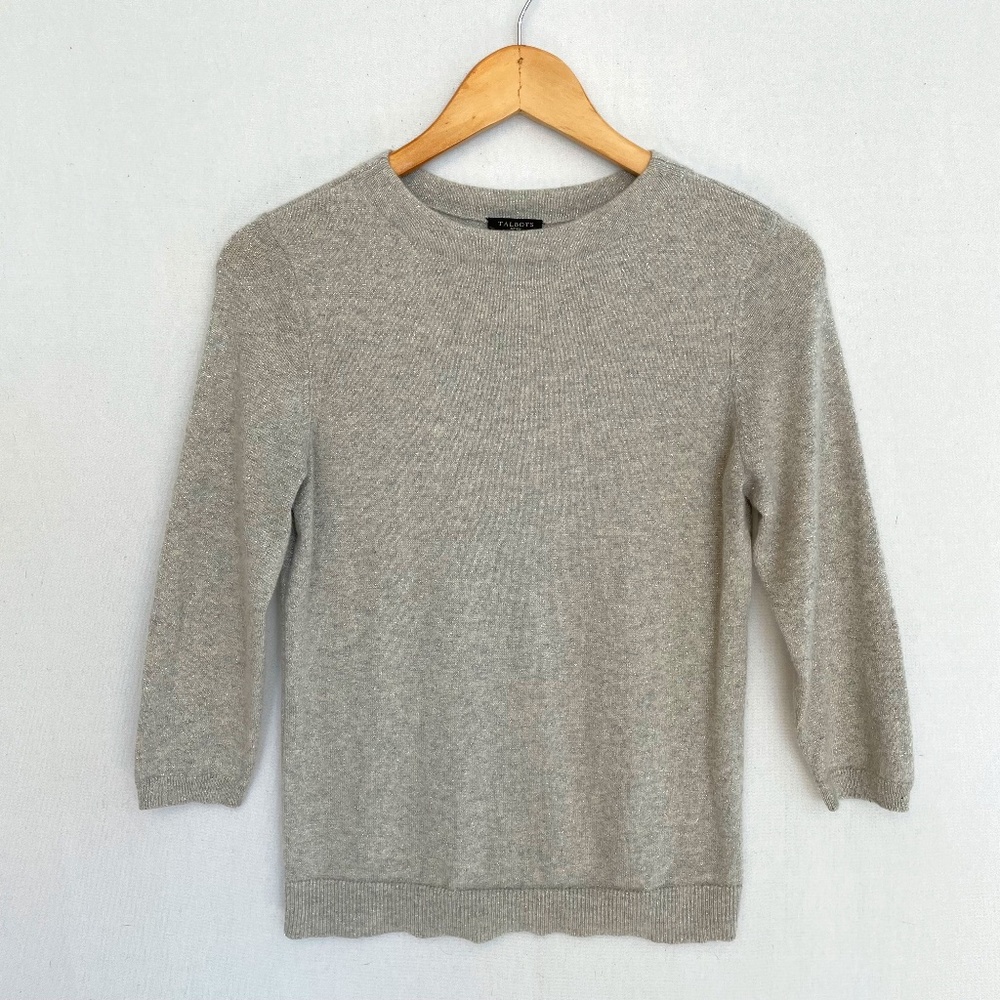 TALBOTS Women's Petite Small Gray Cashmere Silver Sparkle Crew Neck Sweater